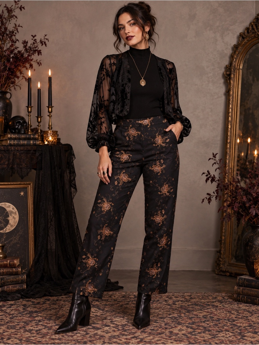 Coldwater Creek P14 Black Embroidered Floral Dress Pants - Picture 9 of 11